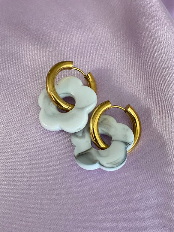 Marble Flower Resin Hoop Earrings