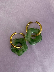 Green Flower Resin Hoop Earrings