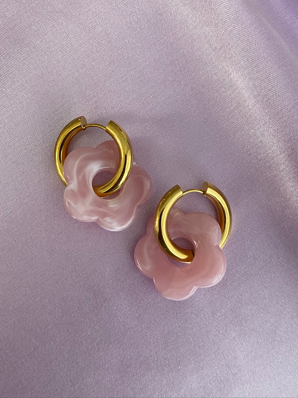 Pink Flower Resin Hoop Earrings