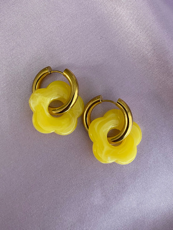 Yellow Flower Resin Hoop Earrings