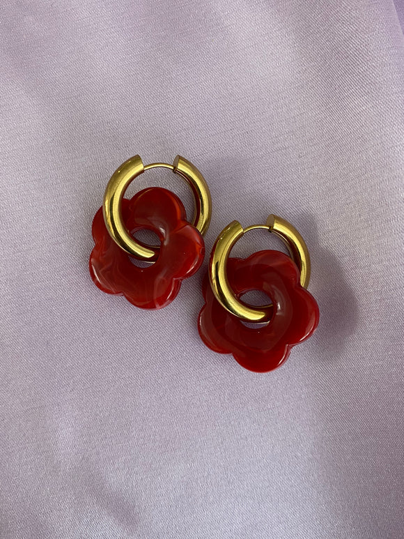 Red Flower Resin Hoop Earrings